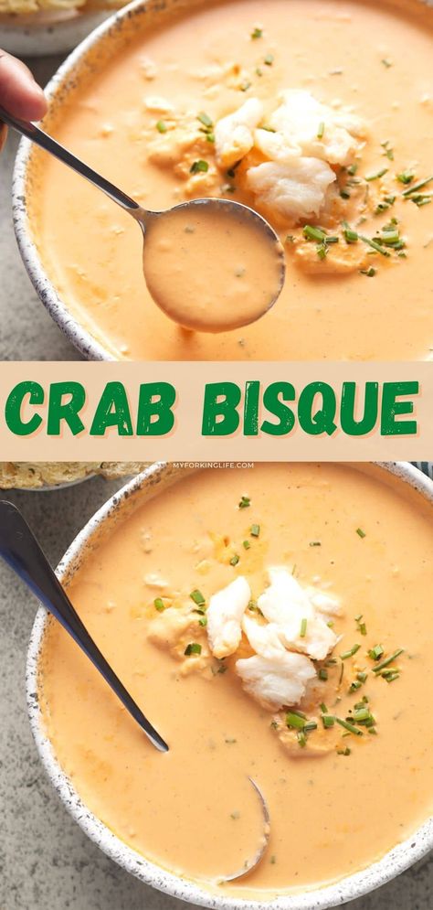 This delicious crab bisque is a wonderfully rich and flavorful bisque that will warm you from the inside out. Simple to make in one pot, it's a hearty dish the whole family will love! Crab And Clam Chowder, Crab Bisque Recipe, Seafood Bisque Recipe, Bisque Soup Recipes, Bisque Soup, Crab Bisque, Seafood Bisque, Creamy Crab, Crab Soup