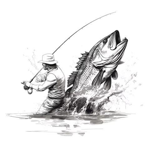 Premium Vector | Fisherman catching the big bass fish Illustration Catching Fish Drawing, Fisherman Drawing, Fish Sketch, Image Of Fish, Fish Drawing, Bass Fish, Fish Illustration, Tattoo Portfolio, Fish Drawings