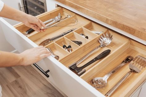 Kitchen Utensil Drawer Organization, Kitchen Utensil Drawer, Junk Drawer Organizing, Utensil Drawer Organization, Kitchen Drawer Organizers, Silverware Organization, Utensil Drawer, Bamboo Utensils, Drawer Organization