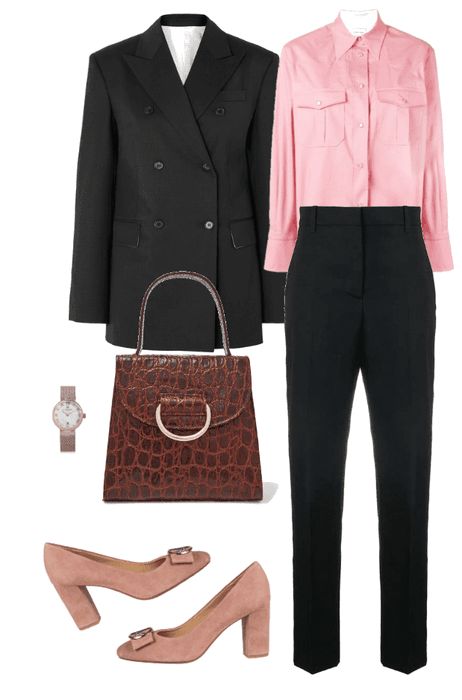 Pink Blouses Outfit, Blouse Outfit Work, Pink Shirt Outfit, Pumps Outfit, Calvin Klein 205w39nyc, Fashion Pics, Work Suits, Black Slacks, Black Suit