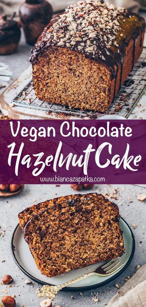 Vegan Hazelnut Bread Super soft, moist, and delightful vegan Hazelnut Loaf Cake coated with a rich and decadent chocolate glaze and sprinkled with crushed nuts - A quick and easy one-bowl bread recipe made with 100% plant-based ingredients that can be made gluten-free too! Hazelnut Recipes, Chocolate Hazelnut Cake, Hazelnut Cake, Vegan Cake Recipes, Nutella Recipes, Delicious Cake Recipes, Vegan Foodie, Chocolate Glaze, Vegan Dessert Recipes