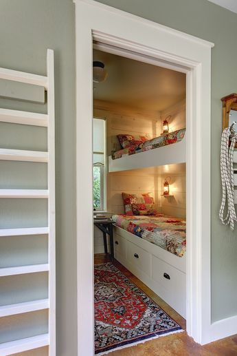 7 Tiny Bonus Room Ideas Bunk Bed By Window, Bunk In Front Of Window, Diy Beds For Small Rooms, Bunk Nook, Storage Bunk Beds, Cozy Vacation, Bed Idea, Bunk Rooms, Large Window