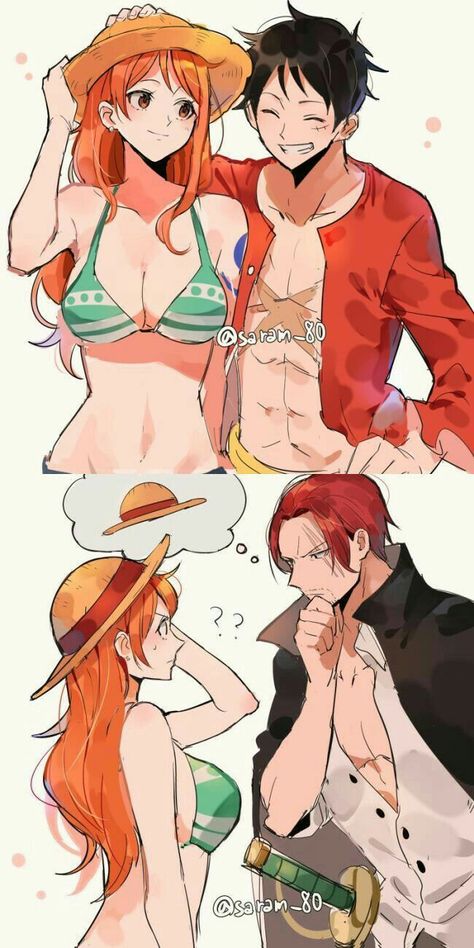 Luffy Shanks, Nami Luffy, Female Anime Characters, One Piece Crossover, Luffy Nami, Straw Hat Pirates, Luffy X Nami, One Piece Photos, One Piece Cartoon