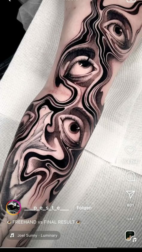 Eyeball Sleeve Tattoo, Dark Abstract Tattoo, Eye Tattoo Sleeve, Swirl Tattoo, Eyeball Tattoo, Geometric Sleeve Tattoo, Water Tattoo, Japan Tattoo Design, Scary Tattoos