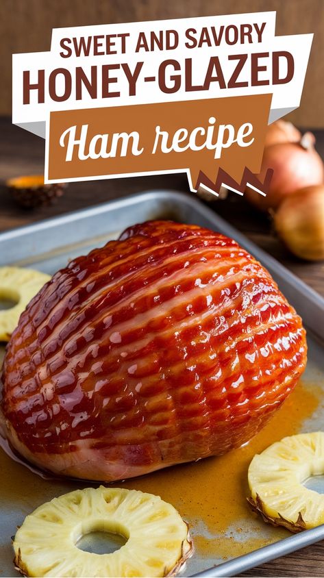 Honey-glazed ham on a baking tray, garnished with pineapple slices. Tangy Honey Glazed Ham, Best Honey Glazed Ham Recipe, Recipe For Glazed Ham, Glaze For Ham Slices, Ham Glaze Crockpot, Homemade Honey Baked Ham, Recipe For Ham Glaze, Brown Sugar Glazed Ham Oven, How To Make Ham Glaze