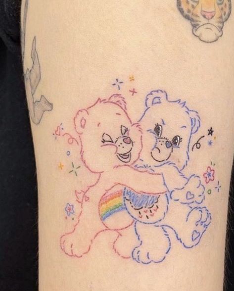 Tattoo Childhood Memories, Carebear Tattoo Small Outline, Grumpy Bear Tattoo, Care Bear Tattoo Ideas, Childhood Tattoo Ideas, Anime Tats, Care Bear Tattoos, Disney Minimalist, 2000s Baby