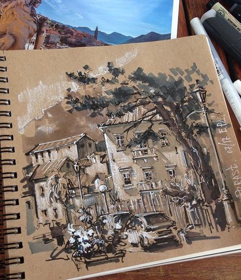 Love the use of white for highlighting on toned paper Some Drawings, Toned Paper, Pens And Pencils, Arte Inspo, A Level Art, Urban Sketching, Architecture Sketch, Drawing Tutorials, Brown Paper