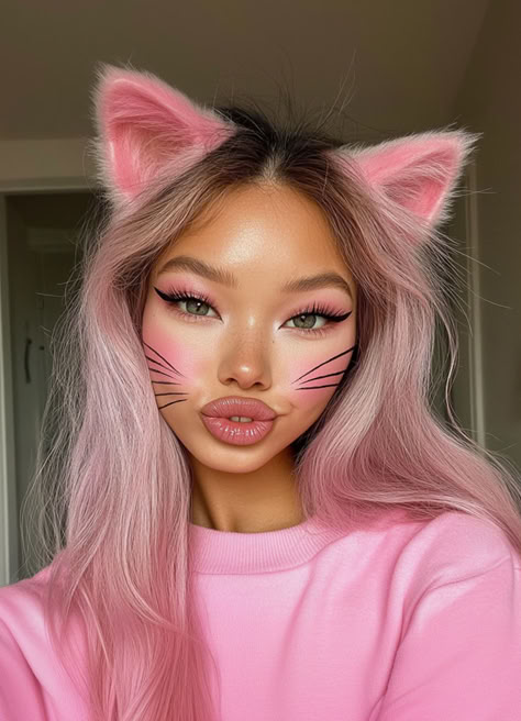 Pink Panther Halloween Costume Woman’s Cat Costume, Pink Cat Halloween Costume, Baddie Halloween Costumes Blonde, Pink Cat Makeup Halloween, Halloween Costume Celebrities, All Pink Halloween Costume, Pink Pants Halloween Costume, Pink Panther Halloween Costume Women, Pink Panther Makeup Halloween