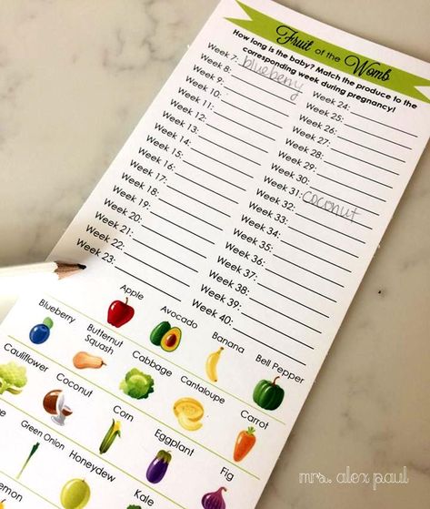 Fruit of the Womb Baby Shower Game printable - guests match up the fruit/vegetable to the corresponding week during pregnancy! #printable #babyshowergame Game Fruit, Baby Shower Fruit, Baby Shower Game Printable, Bunny Baby Shower, Rabbit Baby, Baby Eating, Game Printable, Printable Baby Shower Games, Baby Shower Game