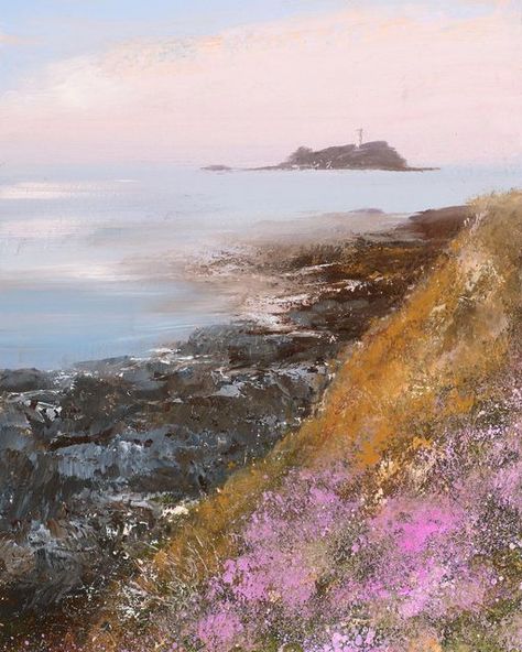 Amanda Hoskin on Instagram: "Soft Morning Light and Seapinks at Godrevy Lighthouse Oil on paper 26 x 18cm #amandahoskin #art #artist #godrevy #seascape #sky #light #cornwall #cornishart #artlovers #paintings #aerforsale" Amanda Hoskin, Beach Scene Painting, Sky Light, Beach Watercolor, Evening Sky, Morning Light, Beach Scenes, Art Pages, Cornwall