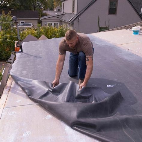 Used for replacemebt or repair of small flat roof projects: room additions, porch roofs, garages, breezeways, etc.. Quality commercial-grade, USA Made, 45 mil thick EPDM rubber membrane.. Long-lasting; highly resistant to mold, mildew, ozone, and UV degradation.. RoofKit Roofing Products Epdm 3/16-in T x 120-in W x 20-ft L Black Commercial/Residential 60A Durometer Rubber Roll | 7-1501011-1 Sunroom Roof, Flat Roof Waterproofing, Porch Roofs, Diy Siding, Porch Roof Design, Mobile Home Roof, Epdm Rubber Roofing, Patio Under Decks, Flat Roof Design