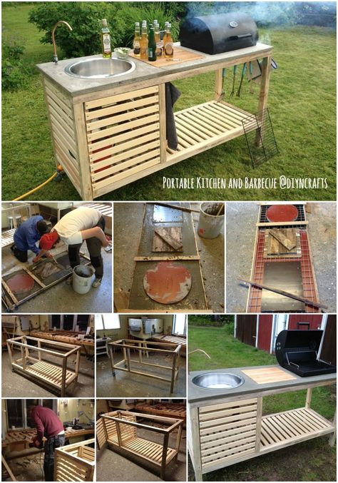 Brilliant Outdoor Project: Build Your Own All-in-One Portable Kitchen and Barbecue... Portable Kitchen, Built In Grill, Backyard Projects, Outdoor Kitchen Design, Outdoor Projects, Pallet Furniture, Outdoor Cooking, Better Homes And Gardens, Diy Outdoor