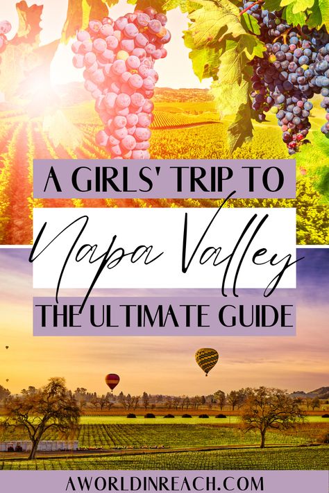 A photo of grapes at a winery in Napa Valley and of two hot air balloons over Napa Valley with text overlay reading "A Girls' Trip to Napa Valley The Ultimate Guide" Napa Valley Itinerary, American Roadtrip, California With Kids, Napa Valley Trip, Napa Trip, West Coast Travel, Friends Trip, Girls Trips, Usa Roadtrip