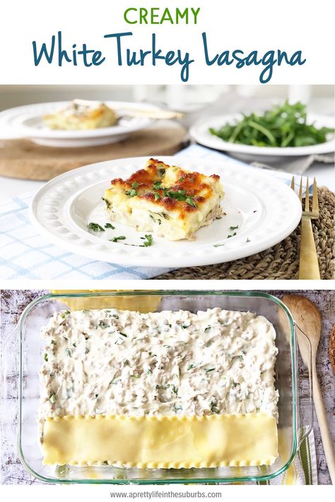 A Creamy White Turkey Lasagna Recipe with a creamy white cheese sauce, lean and delicious ground turkey, fresh spinach and lasagna noodles.  Quick and tasty! Turkey Lasagna Recipe With Ricotta, Lasagna Recipe White Sauce, Turkey Lasagna Recipe, White Lasagna Recipe, Ground Turkey Lasagna, White Sauce Lasagna, White Cheese Sauce, Crock Pot Lasagna Recipe, Lasagna Recipe With Ricotta