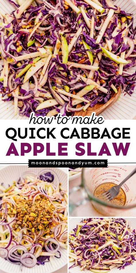 This Labor Day party food idea is a healthy alternative to the classic coleslaw recipe! This apple cabbage slaw is gluten-free, vegan, and vegetarian. Crisp with sweet and tangy flavors, this Quick Cabbage Apple Slaw is one of the best summer BBQ side dishes! Red Cabbage Slaw Pulled Pork, Apple Cabbage Slaw Recipe, Quick Cabbage Slaw, Veggie Slaw Recipes, Vegan Slaw Recipes, Apple Cabbage Salad Recipes, Cabbage And Apple Slaw, Recipes With Bagged Coleslaw, Cabbage Apple Salad Recipes