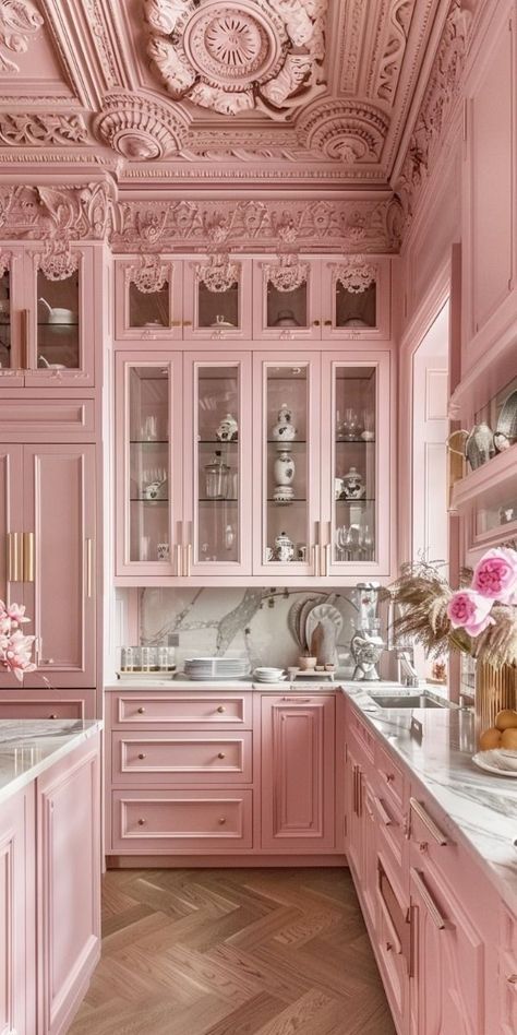 Pink Art Deco Kitchen, Pink Kitchen Decor Aesthetic, Country Chic Decorating, Baby Pink Kitchen, Pink And Gold Kitchen, Rose Quartz Kitchen, Kitchen Ideas Pink, Light Pink Kitchen, Modern Pink Kitchen