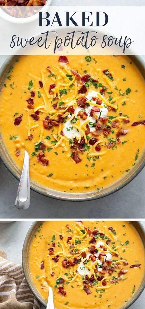 Baked sweet potatoes get transformed into this luxuriously creamy loaded baked sweet potato soup! Top this hearty soup with sour cream, cheddar, and lots of crispy bacon. Leftover Baked Sweet Potato Recipes, Loaded Sweet Potato Recipes, Sweet Potatoes Soup, Healthy 2024, Loaded Baked Sweet Potato, Soup Store, Sweet Potato Rolls, Sweet Potato Soup Recipes, Sweet Potato Recipes Baked