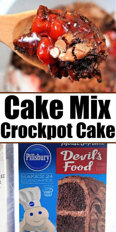 This Crockpot Lava Cake Recipe is rich, ooey, gooey, and decadent. Super easy to make with cake mix, this Crockpot lava cake is the best dump cake crockpot dessert we have ever made.  Simply, dump the ingredients in your slow cooker and it's ready around dinner time. Our lava cake is packed with cherry pie filling, chocolate cake mix, and chocolate chips! Perfect for dessert or whenever you want to indulge your sweet tooth. Your family will LOVE this semi homemade, mouthwatering treat. Crockpot Dessert Recipes Cake Mixes, Slow Cooker Cake Mix Recipes, Slow Cooker Desserts Easy, Crockpot Dump Cake, Crockpot Chocolate Lava Cake, Dump Cake Crockpot, Crockpot Chocolate Cake, Crockpot Lava Cake, Slow Cooker Chocolate Cake