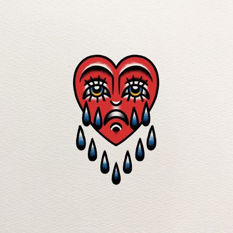 Heart Tattoo Flash, Heart Face Tattoo, Traditional Heart Tattoos, Tattoos Leg, Tattoos Finger, Crying Heart, Tattoos Traditional, Tattoos Arm, Finger Tats