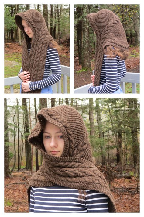 Rustic Cables Hooded Scarf Free Knitting Pattern Knitted Cape Pattern, Hooded Scarf Pattern, Crochet Hooded Scarf, Knitted Cowl, Hood Pattern, Knitting Patterns Free Scarf, Hoodie Pattern, Knitted Cape, Hooded Scarf