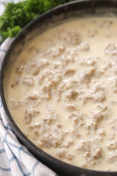 Best Sausage Gravy Recipe {Video} - The Carefree Kitchen Jimmy Dean Sausage Gravy Recipe, Sausage Gravy Videos, Freezing Sausage Gravy, How To Make Homemade Sausage Gravy, Breakfast Gravy Recipe Without Sausage, Bisquets And Sausage Gravy, Best Sausage Gravy Recipe, Mcdonald’s Sausage Gravy, Meat Gravy