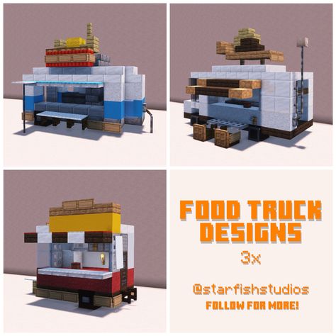 We built some cool looking food trucks because who doesnt like food trucks🌭 Follow Starfish Studios for more inspo! Food Truck Minecraft, Minecraft Food Truck, Minecraft Stores, Minecraft Town Ideas, Minecraft Camp, Minecraft Medieval House, Minecraft Modern City, Zicxa Photos, Minecraft Base