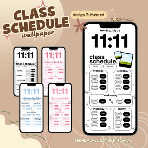 ✨ Back to school in style! 📚🖌️ Elevate your study game with our Class Schedule Wallpapers! Choose from 7 unique themes and customize with 35 editable Canva templates. Perfect for adding a splash of fun and organization to your academic life! #StudyAesthetic #GenZStyle #BackToSchoolVibes #backtoschool #digizellecreatives Class Schedule Wallpaper, Schedule Wallpaper, Class Schedule Template, Academic Life, Unique Themes, Schedule Templates, School Schedule, Class Design, Class Schedule