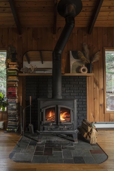 Wood Stove | HOME Wood Burning Stove With Mantle Behind, Black Brick Wood Stove Hearth, Wood Stove Seating Area, Wood Burning Stove Outdoor, Shiplap Behind Wood Burning Stove, Wood Burning Stove Tile Ideas, A Frame Wood Stove, Wood Burning Stove With Built Ins, Mid Century Modern Wood Stove