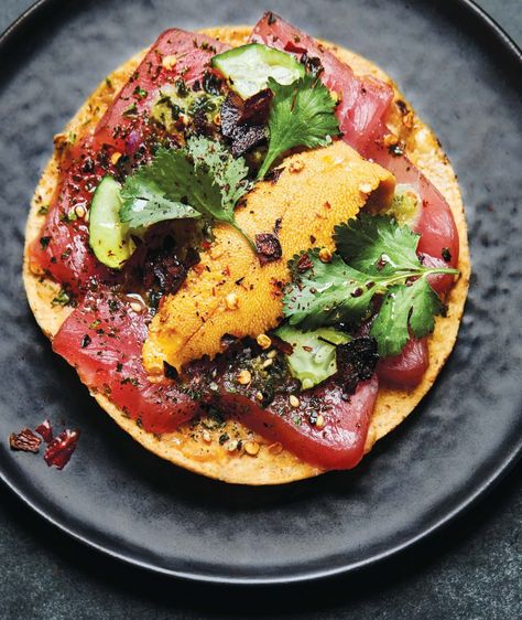 Totally impressed but unafraid to tackle these Tuna Poke and Sea Urchin Tostadas | CBC Life Poke Tacos, Poke Recipes, Bae Ideas, Uni Sea Urchin, Tostadas Recipe, Poke Recipe, Tuna Poke, Recipes Seafood, Starter Recipes