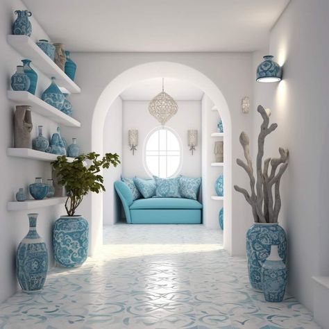 Greek Bedroom, Greek Style Home, Hallway Decor Ideas, Style Hallway, Santorini House, Greek Decor, Designing Home, Mediterranean Interior, House Interior Design Styles