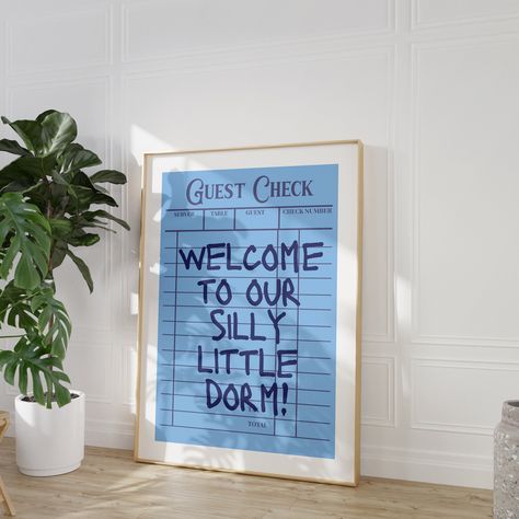 Welcome to Our Silly Little Dorm - Digital Download  Immediate Digital Download The frame is not included. Digital Download Only. 🖼️ Digital Wall Art: Our digital download option ensures you can enjoy this stylish piece instantly. Customize the size and print it to match your decor, creating a personalized masterpiece that reflects your unique style. HOW TO DOWNLOAD: Once your purchase is finalized, Etsy will promptly redirect you to a confirmation page where you can instantly access your downl Dorm Bulletin Boards Room Decor, Dorm Sign Ideas, Dorm Blue Aesthetic, Dorm Inspiration Blue, Dorm Hall Decorations, Blue College Dorm, Dorm Room Decor Minimalist, Blue Dorm Posters, Dorm Room Posters Wall Art Blue