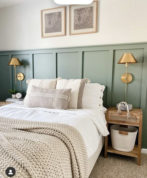 Bedroom Panelling, Earthy Bedroom, Sage Green Bedroom, Wall Panels Bedroom, Dekorasi Kamar Tidur, Bedroom Panel, Bedroom Renovation, Mudroom Bench, Spare Bedroom