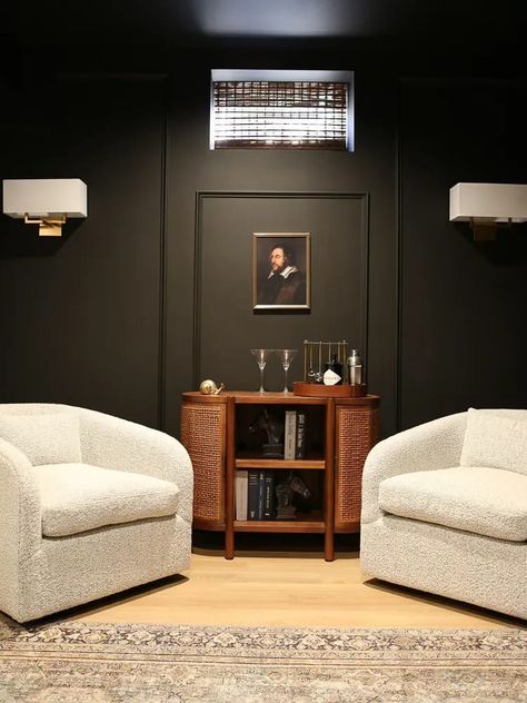 All Black Room, Basement Media Room, Bourbon Room, Painted Interior Doors, Interior Window Shutters, Black Paint Color, Upholstered Swivel Chairs, Black Room, Black Ceiling