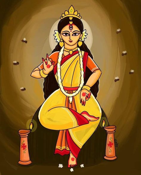 Maa Lakshmi Drawing, Devi Durga Drawing, Ma Durga Drawing Easy, Lakshmi Devi Drawing, Ma Durga Painting, Devi Lakshmi, Bengali Art, Pop Art Images, Durga Painting