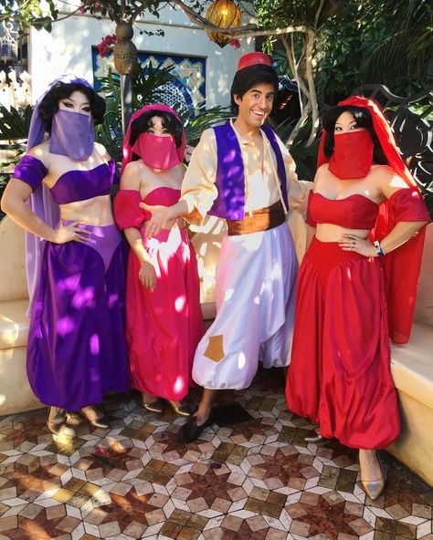 Diana/Di on Instagram: “So excited to see Aladdin... Or is Aladdin excited to see us ?🧞‍♀️🧞‍♀️🧞‍♀️ .  #fbf seeing Aladdin as the marketplace(harem) girls for…” Group Dress Up Ideas, Disney Group Costumes, Disney Costume Ideas, Homemade Couples Costumes, Aladdin Halloween, Homemade Mermaid Costumes, Dress Up Ideas, Aladdin Costume, Halloween Costume Design