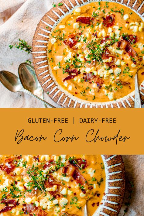 Dairy free and gluten free bacon corn chowder recipe that's perfect for fall! It's hearty, cozy, comforting and loaded with hormone-balancing ingredients to boot! You’ll want to eat it all season long. Gluten And Dairy Free Fall Dinner Recipes, Non Dairy Fall Recipes, Corn Chowder Recipe Dairy Free, Whole 30 Corn Chowder, Gluten Free Dairy Free Bacon Recipes, Gluten Free Dairy Free Fall Soups, Best Soup Recipes Ever Dairy Free, Fall Soups Crockpot Dairy Free, Paleo Corn Recipes