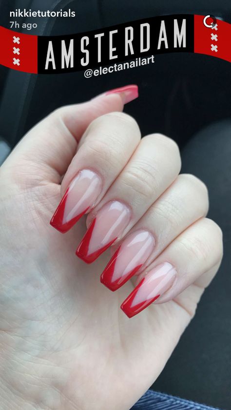 Red V Shape French Tip Nails, Red Triangle French Tip Nails, Red V French Tip Nails, Red Outlined Nails, Red French Tip Coffin, Red French Tip Nails Coffin, Red French Tip Acrylic Nails, Colored French Nails, Red Tip Nails