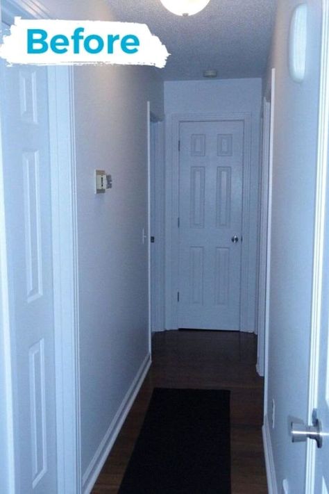 Best DIY Hallway Makeover Before After End Of Hallway Ideas, Hallway Makeover Before And After, End Of Hallway, Rental Diy, Global Home Decor Style, Paint Bathroom, Budget Living, Hallway Makeover, Large Hallway