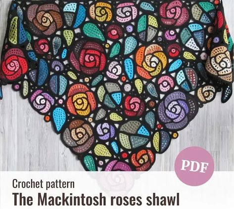 Mackintosh Roses Shawl - The gorgeous Mackintosh Roses Shawl pattern contains 47 pages of charts, photos, and detailed instructions in US terms. Sizes available: width 76.7″ (195 cm), depth 37.4″ (95 cm). Mackintosh Rose, Knit Shawls, Triangle Shawls, Irish Lace Crochet, Freeform Crochet, Crochet Diy, Crochet Motifs, Irish Lace, Shawl Crochet Pattern