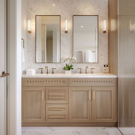 Two Entrance Bathroom, Master Bath Remodel Separate Vanities, Florida Master Bathrooms, Master Bath Without Windows, Sophie Paterson Bathroom, Shea Mcgee Bathroom Ideas, Light Brown Cabinets Bathroom, Luxury Coastal Bathroom, Cream Tile Bathroom Ideas