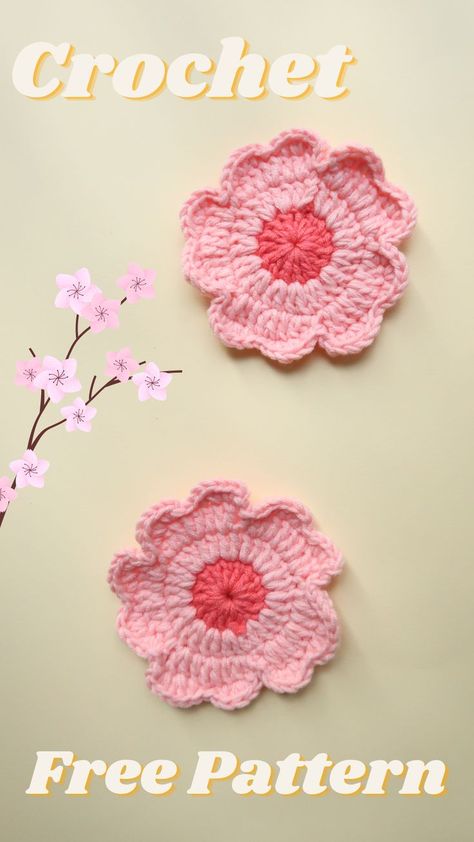 Sakura Coaster, Crochet Cherry Blossom, Cup Crochet, Crochet Cherry, Easy Crochet Flower, Crochet Flower Pattern, Beginner Friendly Crochet, Coaster Crochet, Crochet Business