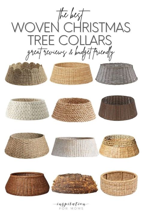 Looking for a stylish Christmas tree collar? I have over 35+ great styles from woven, to wood or even metal. Find the perfect look for the holiday season! See all the tree collars here: https://inspirationformoms.com/christmas-tree-collar-ideas/ #christmasdecor #treecollars #holidaydecor Flocked Tree Collar, Seagrass Christmas Tree Collar, Christmas Tree With Tree Collar, Christmas Tree Stand Cover Ideas, Wicker Tree Collar, Cottage Christmas Tree Ideas, Woven Tree Collar, Christmas Tree Bottom Ideas Diy, Tree Collar With Skirt