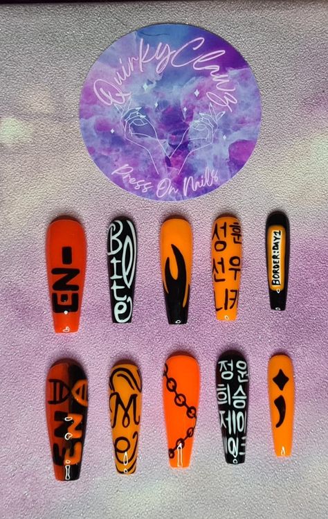 Enhypen Engene Black Orange K-pop Themed Hand Painted Press on Nails K Pop Nails, Fan Nails, Boys Names, Group Logo, Fake Nails Designs, Halloween Press On Nails, Pretty Gel Nails, Orange Nails, Simple Nail Designs