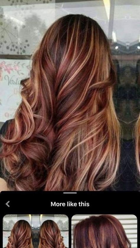 Red And Blonde Lowlights In Brown Hair, Brown Hair With Red Lowlights Burgundy, Calico Hair Balayage, Brown And Red Lowlights, Balayage Hair Auburn, Full Hair Color Ideas, Wine Red Hair With Blonde Highlights, Fall Highlights For Brown Hair Caramel And Red, Red Bayalage Hair