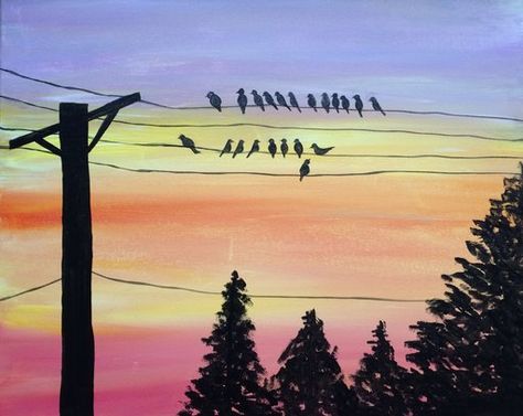 Birds on a Powerline Powerline Drawing, Birds On Powerline, Powerline Painting, Birds On A Wire Painting, Mongolian Grill, Fence Painting, Painting Stuff, Paint Nite, Beautiful Art Paintings