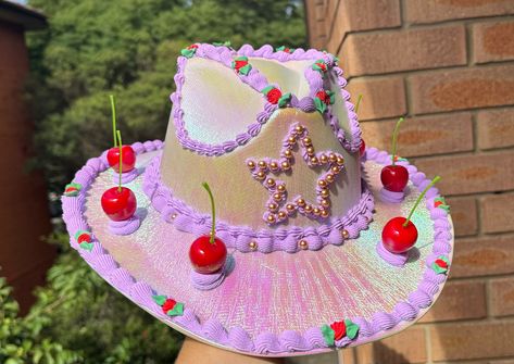 Handmade fake cake cowboy hat Can be used as a hat (delicate) or as an ornament  One size  metallic holographic cowboy hat  Message for custom decorations and designs Birthday Cowgirl Hat, Cowboy Hat Ideas, Cake Cowboy Hat, Birthday Cowboy Hat, Cake Purse, Cowgirl Hair, Disco Cowboy, Texas Cowgirl, Diy Hats