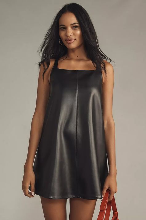 English Factory Faux-Leather Mini Shift Dress | Anthropologie English Factory, Dress Home, Shift Dress Black, Polyester Dress, Mini Shift Dress, Black Fits, The English, Leather Mini, Square Neck