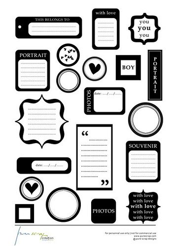 Printable black and white tags for scrapbooking by cassiopee13, via Flickr White Scrapbook, Printable Black And White, Free Printable Planner Stickers, Recipe Scrapbook, Black And White Stickers, Scrapbook Stickers Printable, Black Stickers, Scrapbook Printables, Bullet Journal Stickers