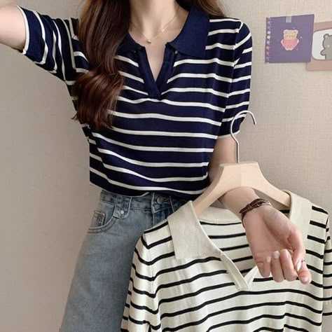 Navy White Outfit, Simple Tops, Korean Tops, Everyday Casual Outfits, Outfit Korean, Korean Casual Outfits, Causal Outfits, Quick Outfits, Classy Work Outfits