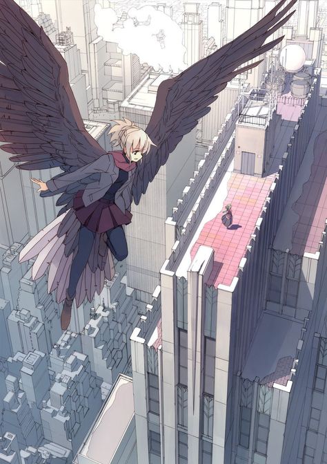 Good morning ! by guntama on DeviantArt Bird People, Wings Drawing, Wings Art, Have Inspiration, Black Wings, Anime Angel, Drawing Tutorials, Anime Artwork, An Anime